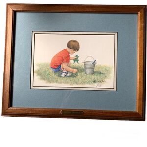Vintage Sue Gill Signed Numbered Drawing Double Trouble Boy Frog Framed Print